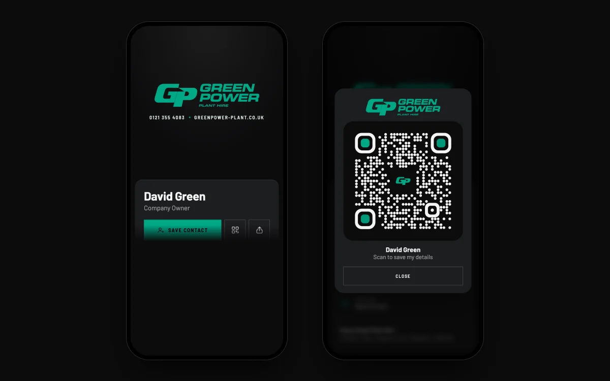 A Green Power digital business card on a phone, and its QR code ready to scan