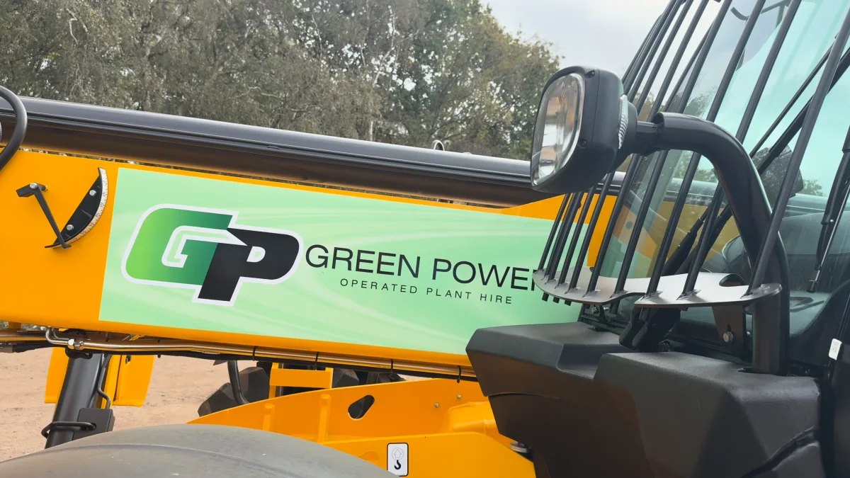 A JCB telehandler in Green Power's green livery, from the headquarters film