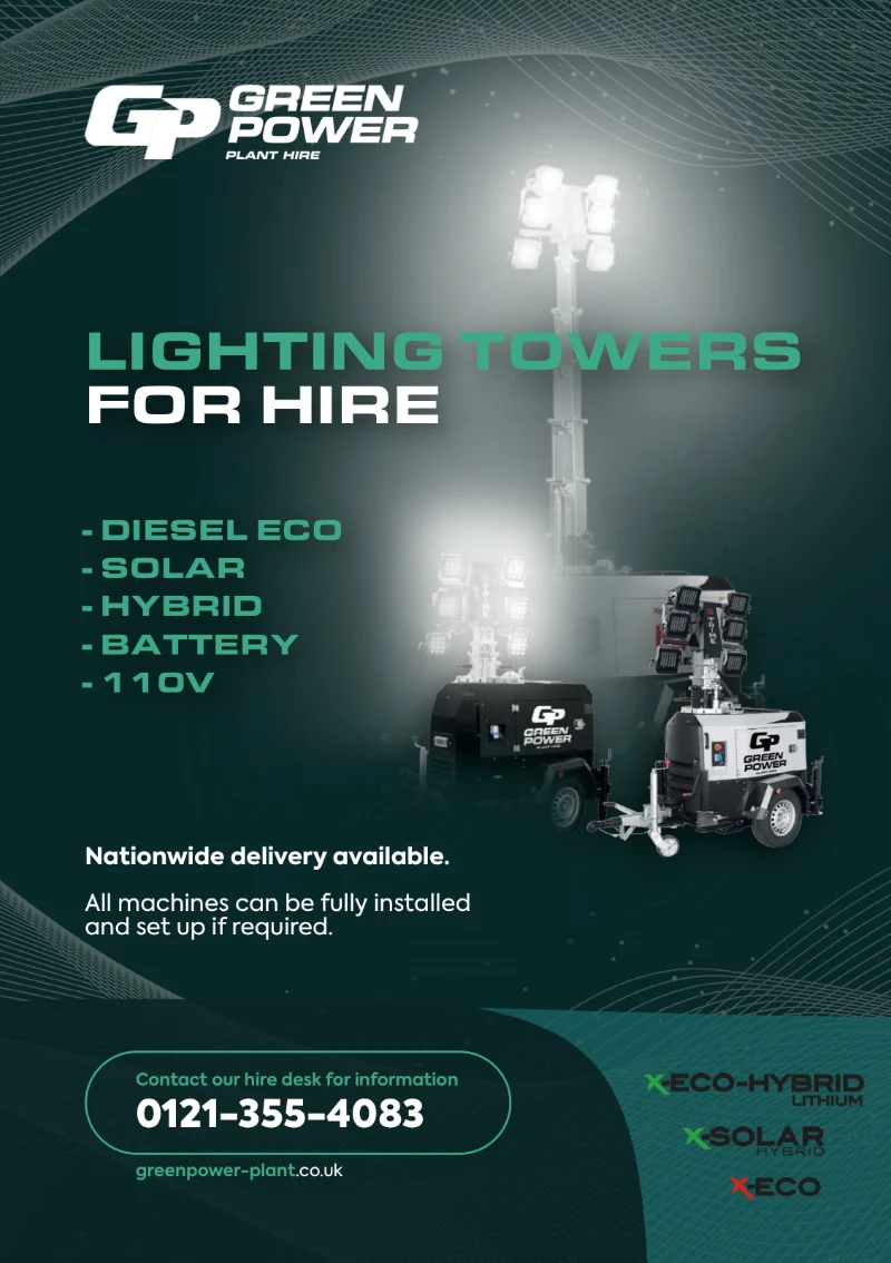 The Lighting Towers for Hire flyer: diesel eco, solar, hybrid, battery and 110V