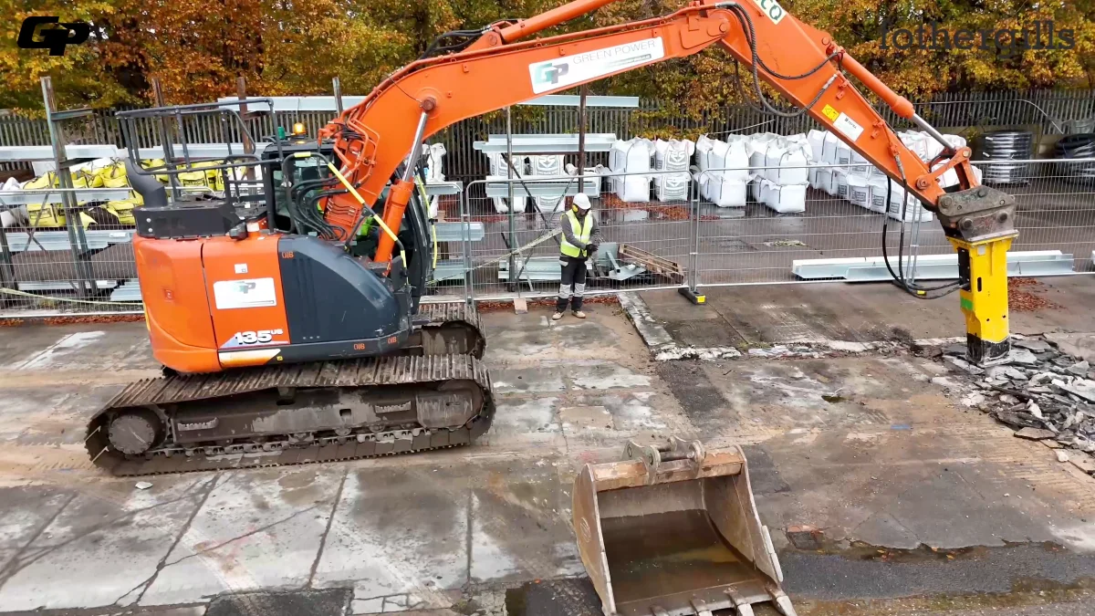 An excavator at work at Fothergills, from the air