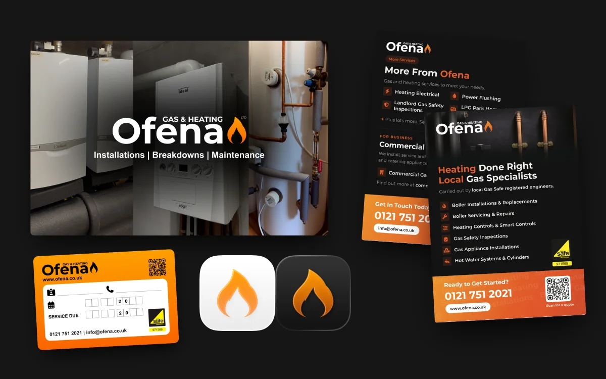 Ofena brand pieces: the business card front, a service-due sticker, two app icons, and the printed postcard front and back