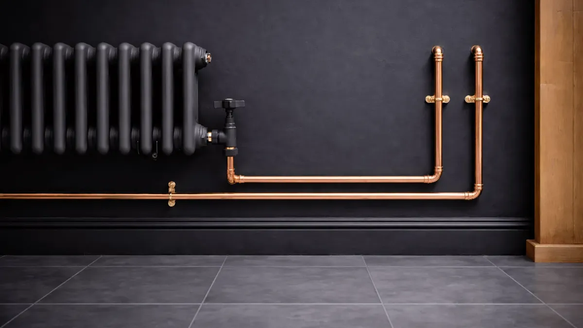 A dark column radiator and copper pipework, from the Ofena homepage