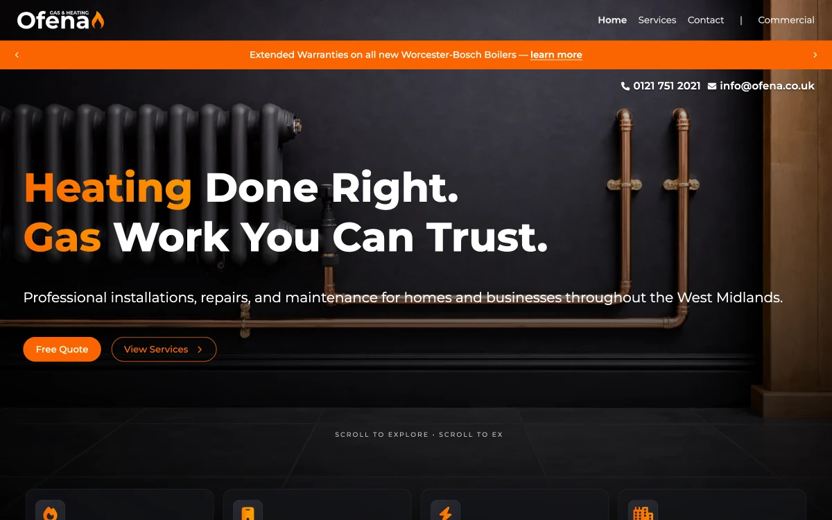 The Ofena homepage: “Heating Done Right. Gas Work You Can Trust.” over copper pipework