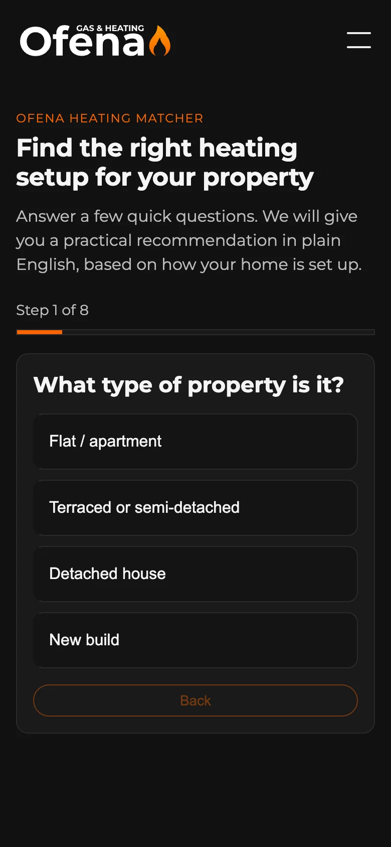 The first question of the Ofena heating matcher on a phone